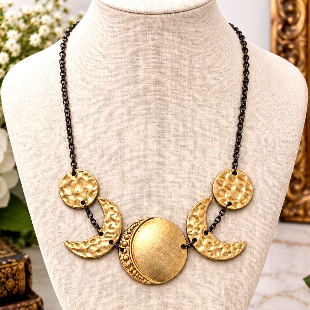Gold Tone Circle Crescent Necklace Gunmetal Chain Hammered Statement 18"